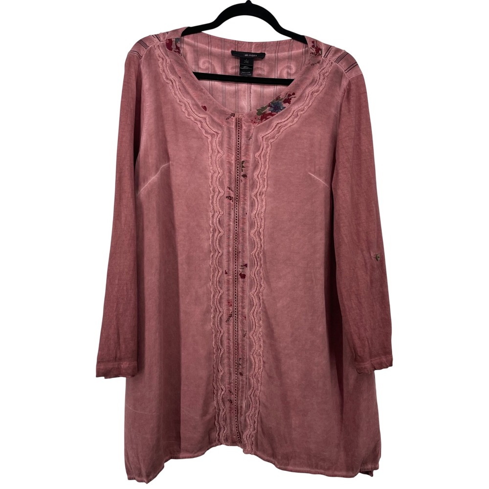 Ali Miles Size Large Tunic Top Pink Boho Embroidered Roll Tab Sleeve Womens